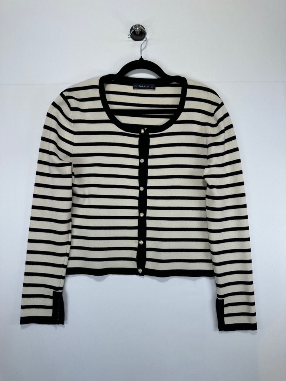 Zara Knit Striped Cardigan Black White Pearl Button Cropped Sweater L